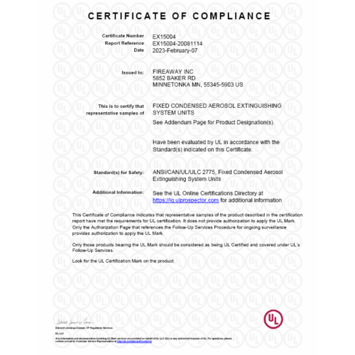 UL EX15004 Certificate of Compliance Electrical Units