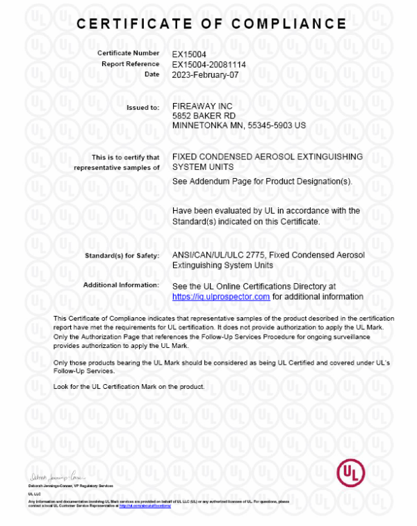 UL EX15004 Certificate of Compliance Electrical Units