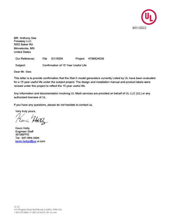 Fireaway Useful Life Confirmation Letter